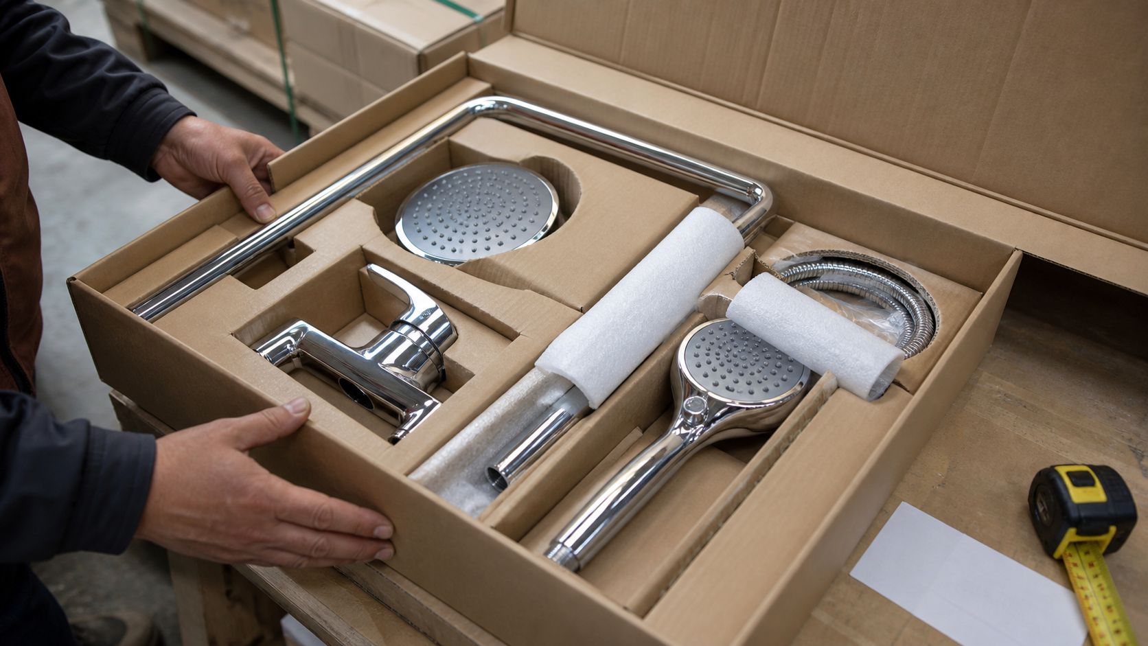 Illustrative export packaging inspection for bathroom accessory components.