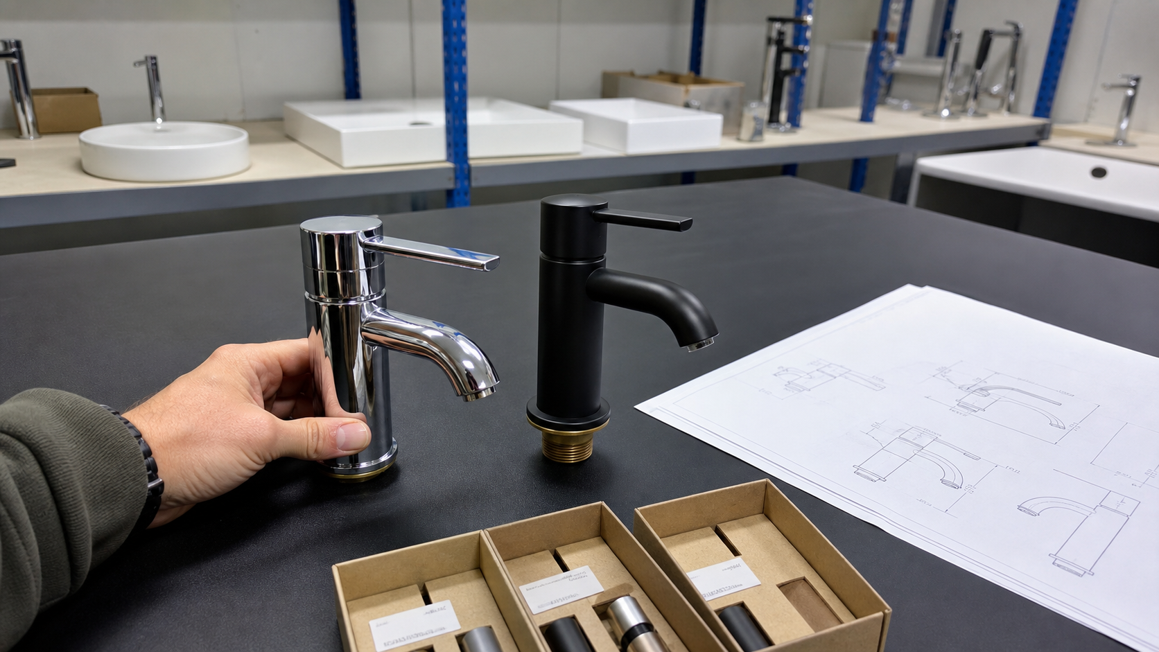 Illustrative comparison of chrome and matte black basin faucet samples with a technical drawing.