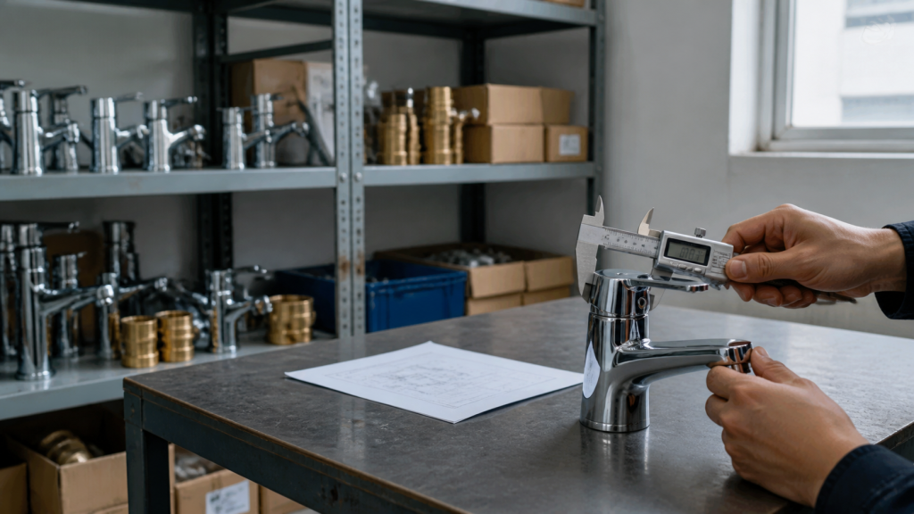 Illustrative quality control check of a chrome basin faucet with a digital caliper.