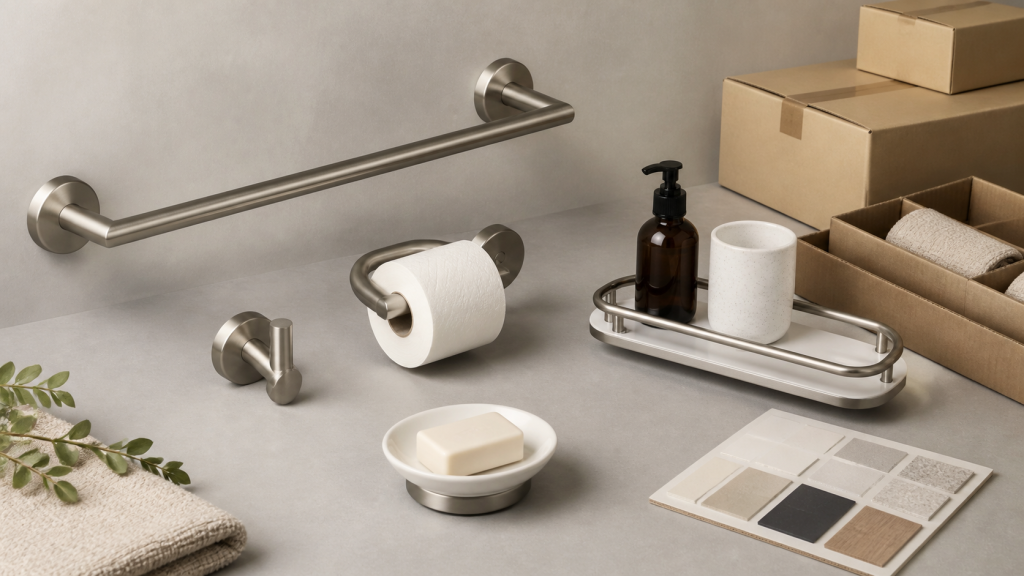 Brushed nickel bathroom accessories and export packaging prepared for wholesale sourcing.