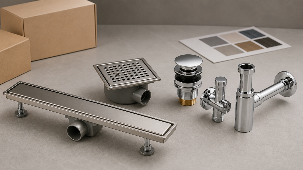 Bathroom drainage products including linear drains, basin wastes, angle valves and bottle traps for wholesale sourcing.