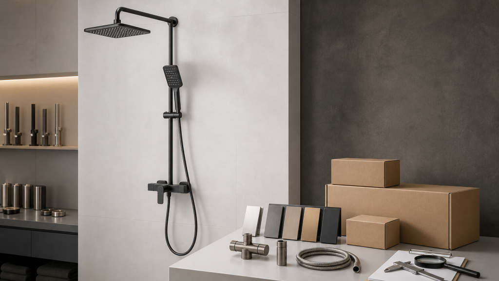 Matte black shower system with finish samples and quality-control tools for supplier evaluation.