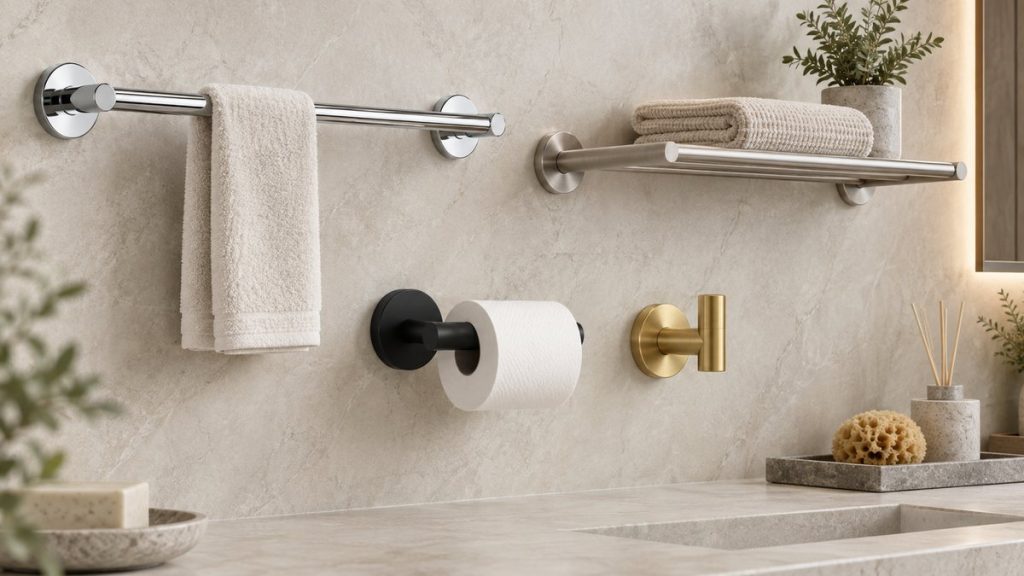 Chrome, brushed nickel, matte black and PVD gold bathroom hardware finish samples for wholesale comparison.