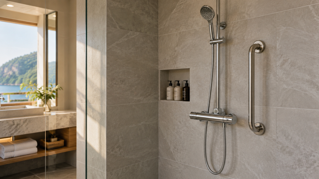 Thermostatic shower hardware and safety grab rail specification for bathroom projects