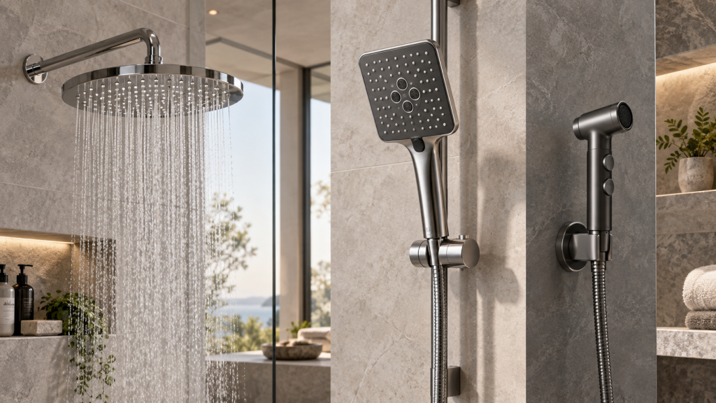 Round rain shower, square hand shower and slim spray gun in a stone bathroom