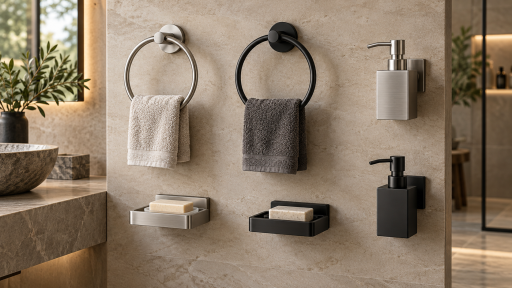 Coordinated stainless steel towel rings, soap dishes and dispensers on a bathroom wall
