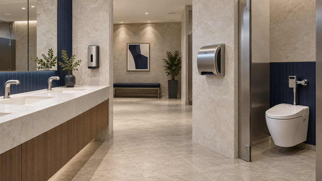 Modern commercial restroom with touchless fixtures and hand dryer