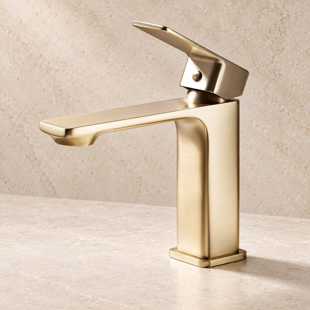 Brushed gold minimalist single-handle basin mixer with flat spout