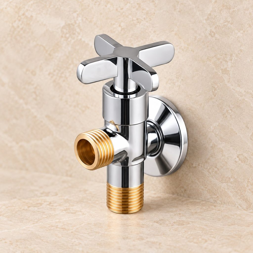 Chrome-plated brass angle stop valve with cross handle and threaded connections