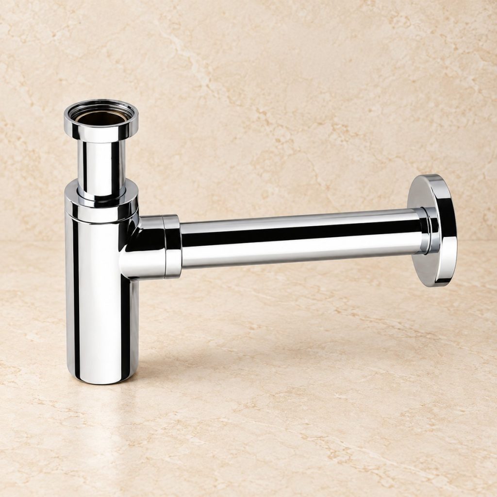 Polished chrome brass bottle trap with horizontal outlet tube and wall flange