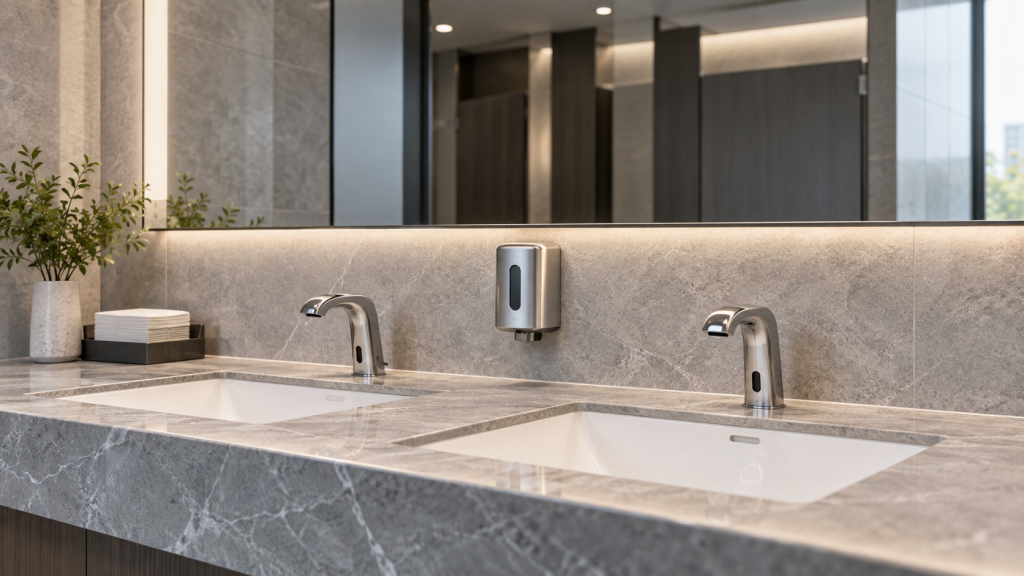 Touchless faucet at a commercial washroom basin for specification checklist