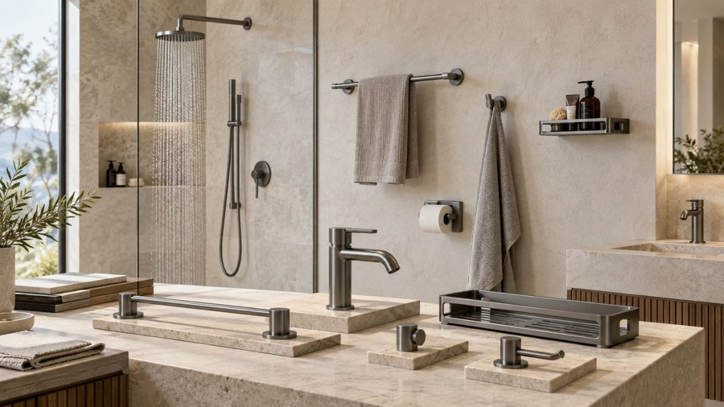 Coordinated bathroom product collection with shower system, faucet, towel bar, shelf and accessories in matching finishes.