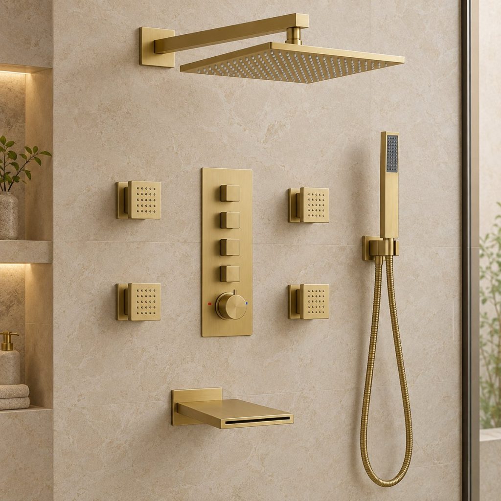Brushed gold four-function thermostatic shower set with rain shower, body jets and hand shower