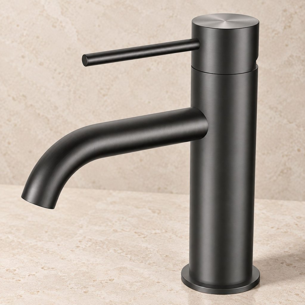 Gunmetal single-handle basin mixer with curved swivel-style spout