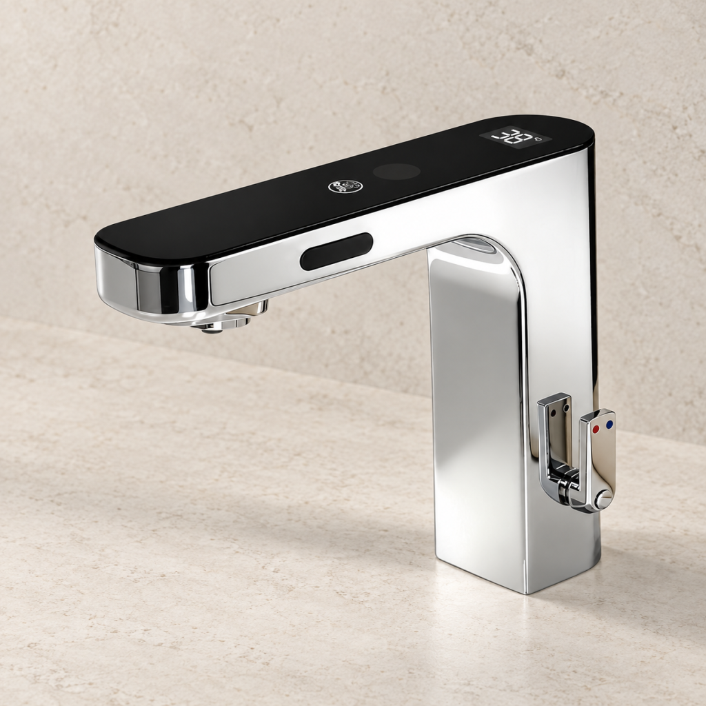 Integrated touchless water and soap sensor faucet for commercial wash stations