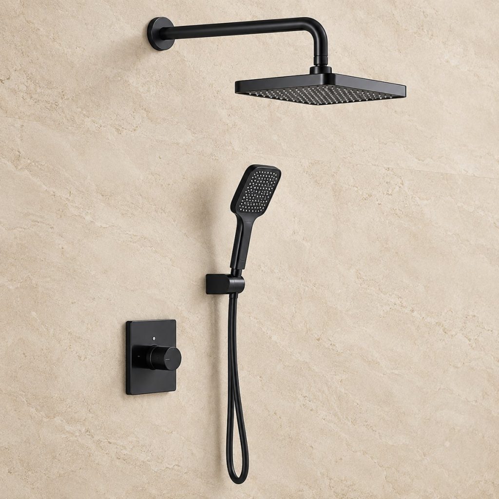 Matte black two-way concealed shower mixer set with square rain shower and hand shower