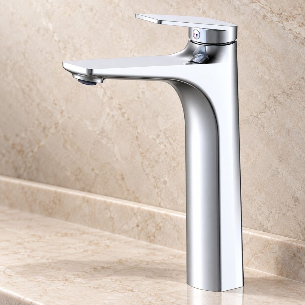 Modern polished chrome single-handle brass basin faucet with tall curved body