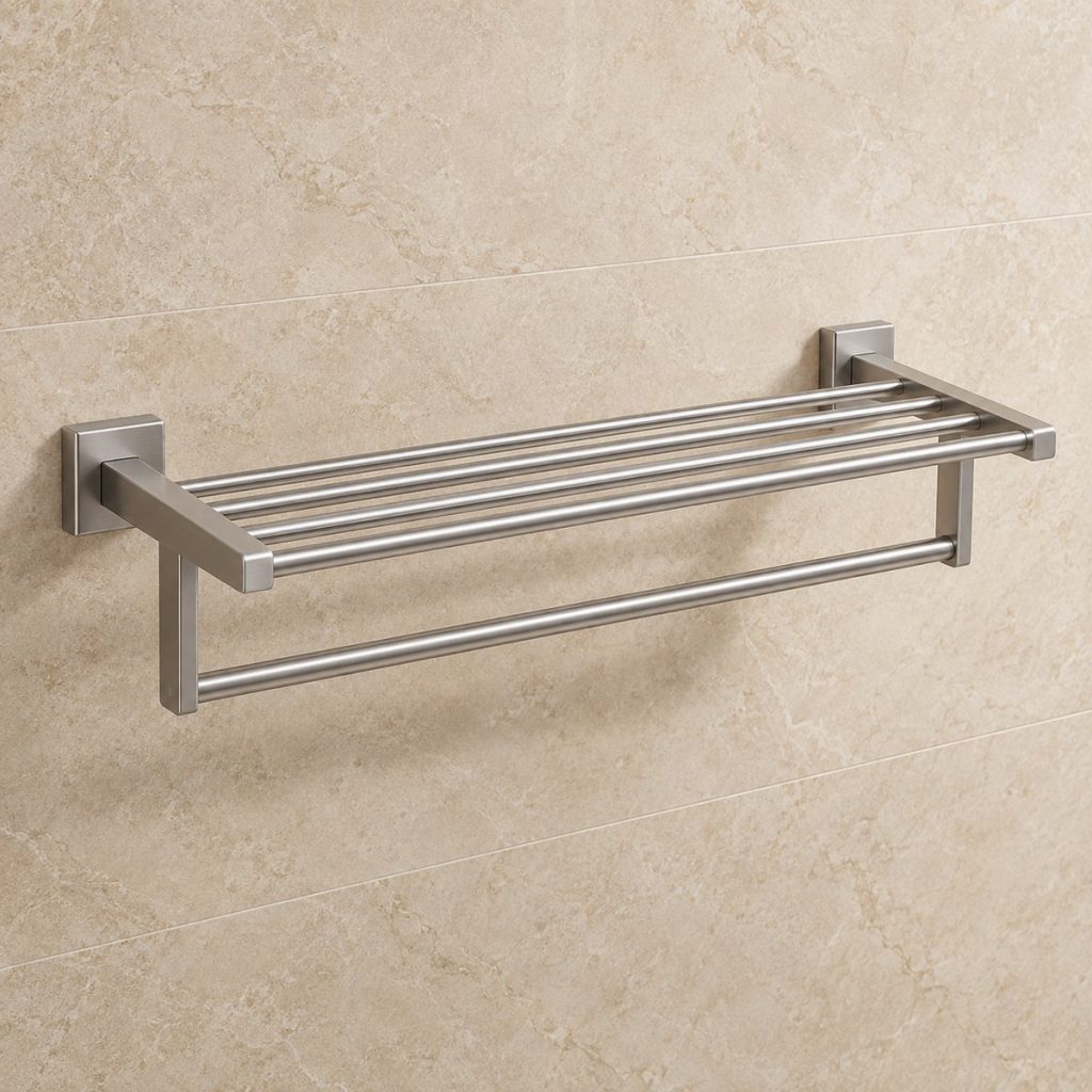 Brushed SUS304 wall-mounted towel shelf with upper storage rails and lower towel bar