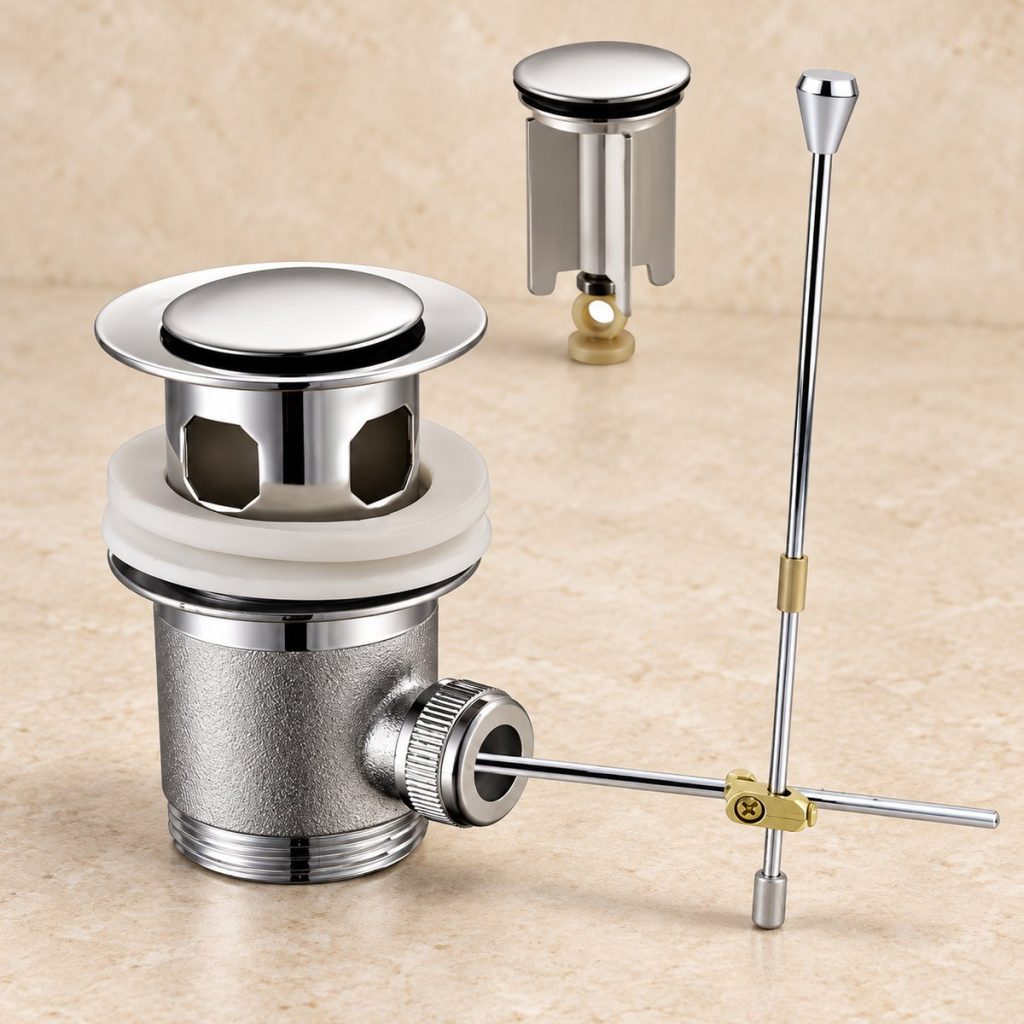 Chrome-plated solid brass pop-up basin waste with overflow and lift-rod linkage