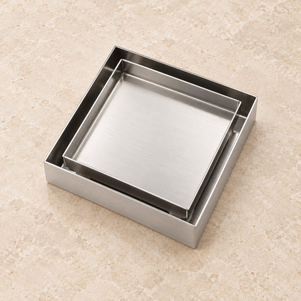 Brushed SUS304 square tile-insert floor drain with removable tray