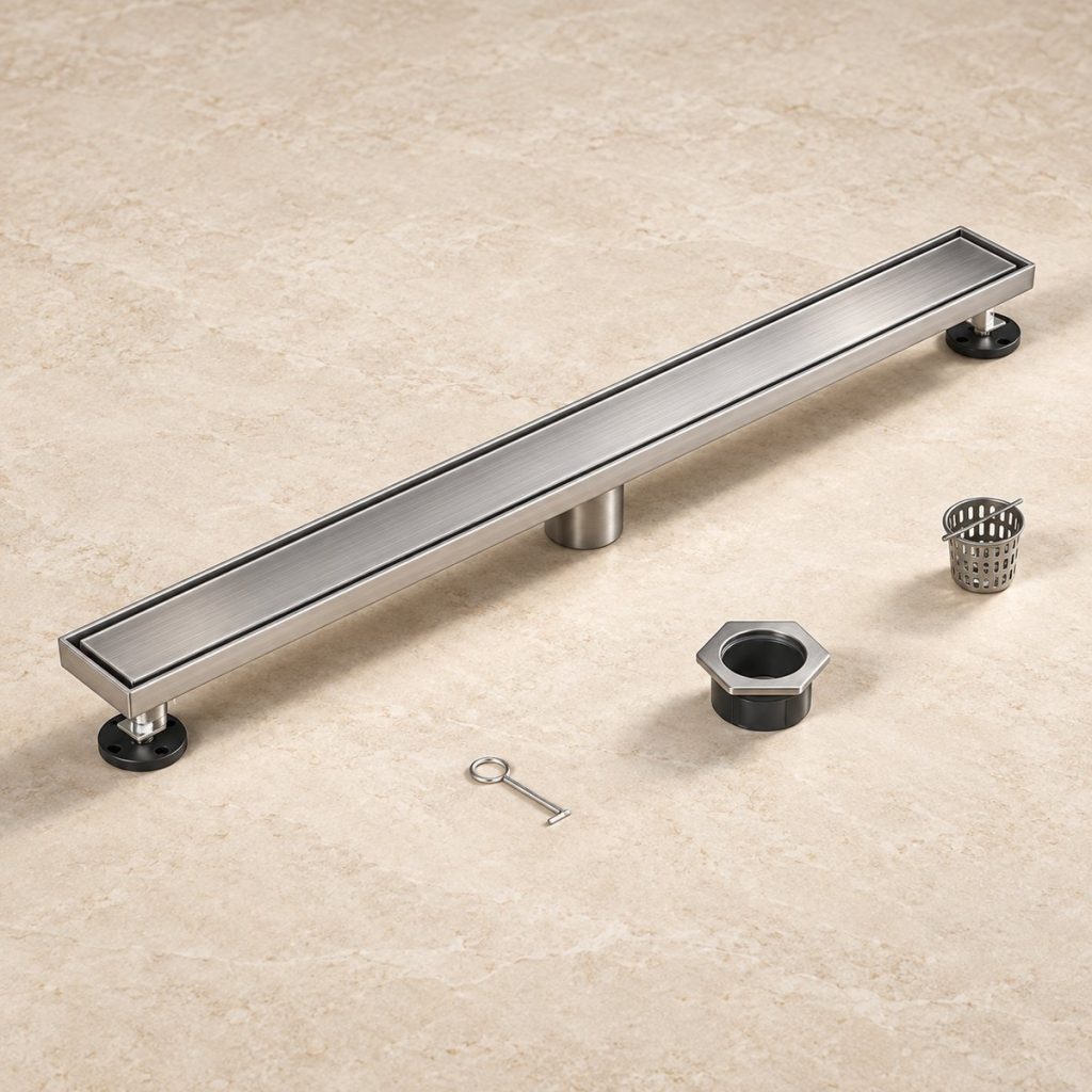 Brushed SUS304 linear shower drain with tile insert channel, outlet and hair catcher