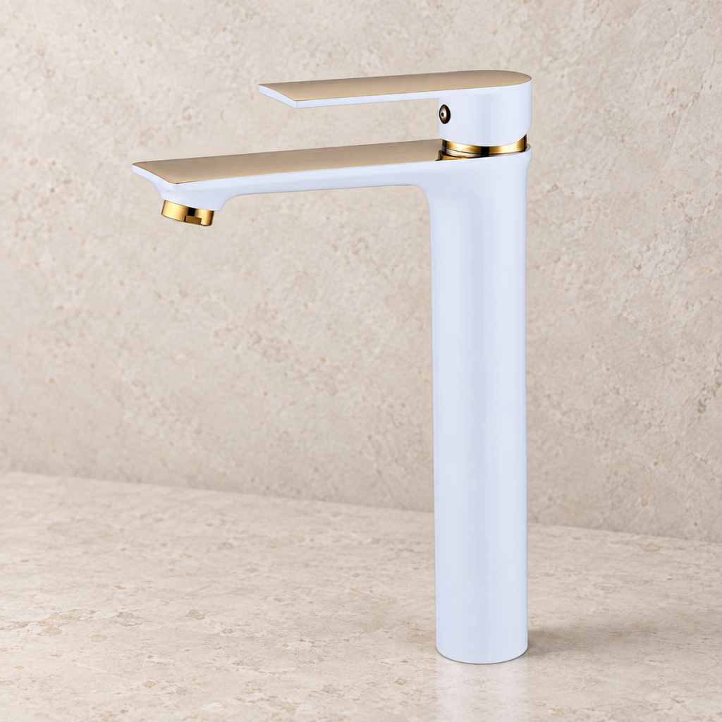 Tall brass vessel basin mixer with white and brushed gold finish