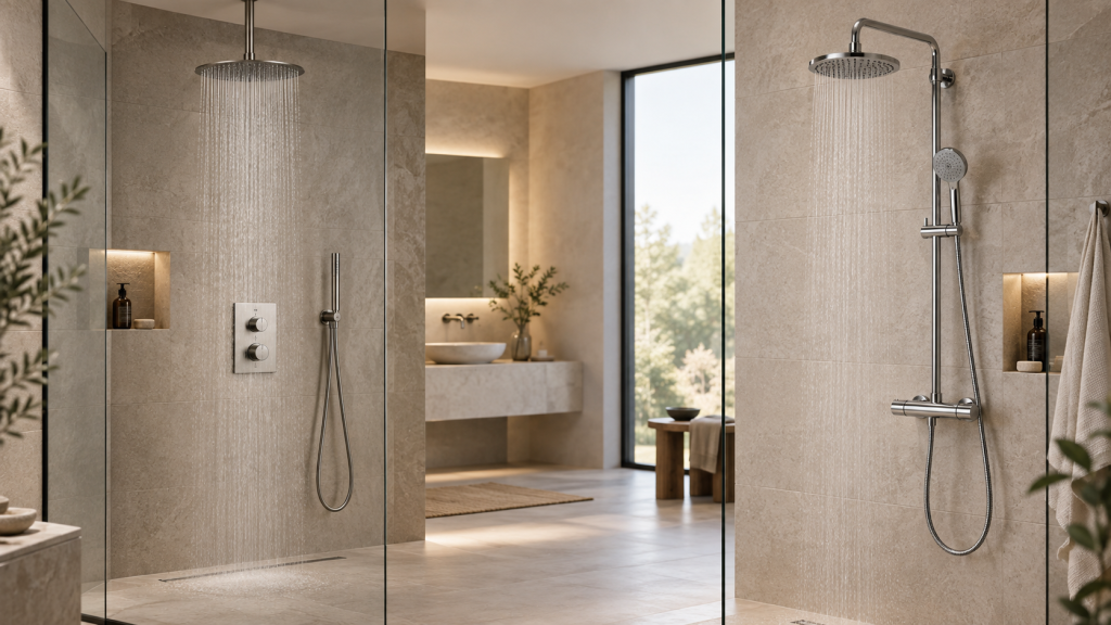 Concealed thermostatic shower system compared with an exposed manual rain shower system in a modern bathroom.
