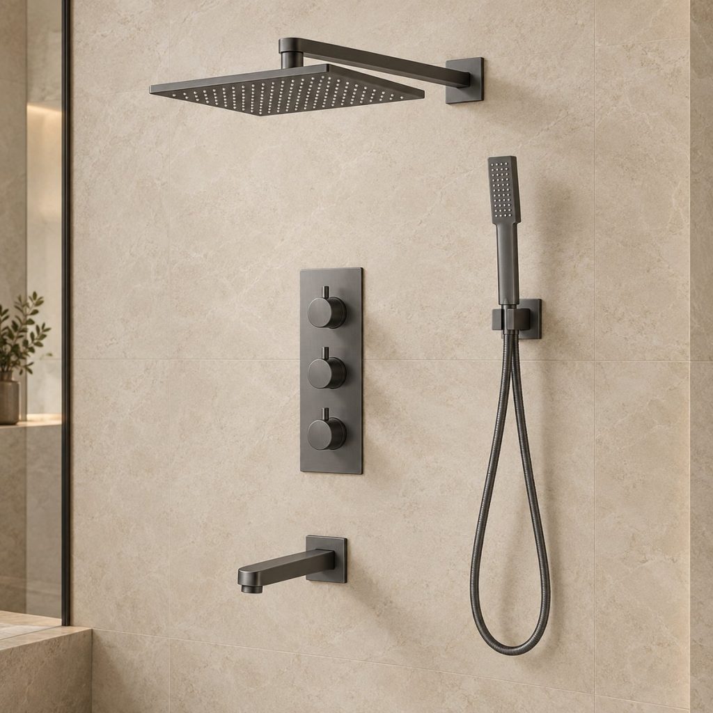 Gunmetal three-function concealed shower system with rain shower, hand shower and tub spout