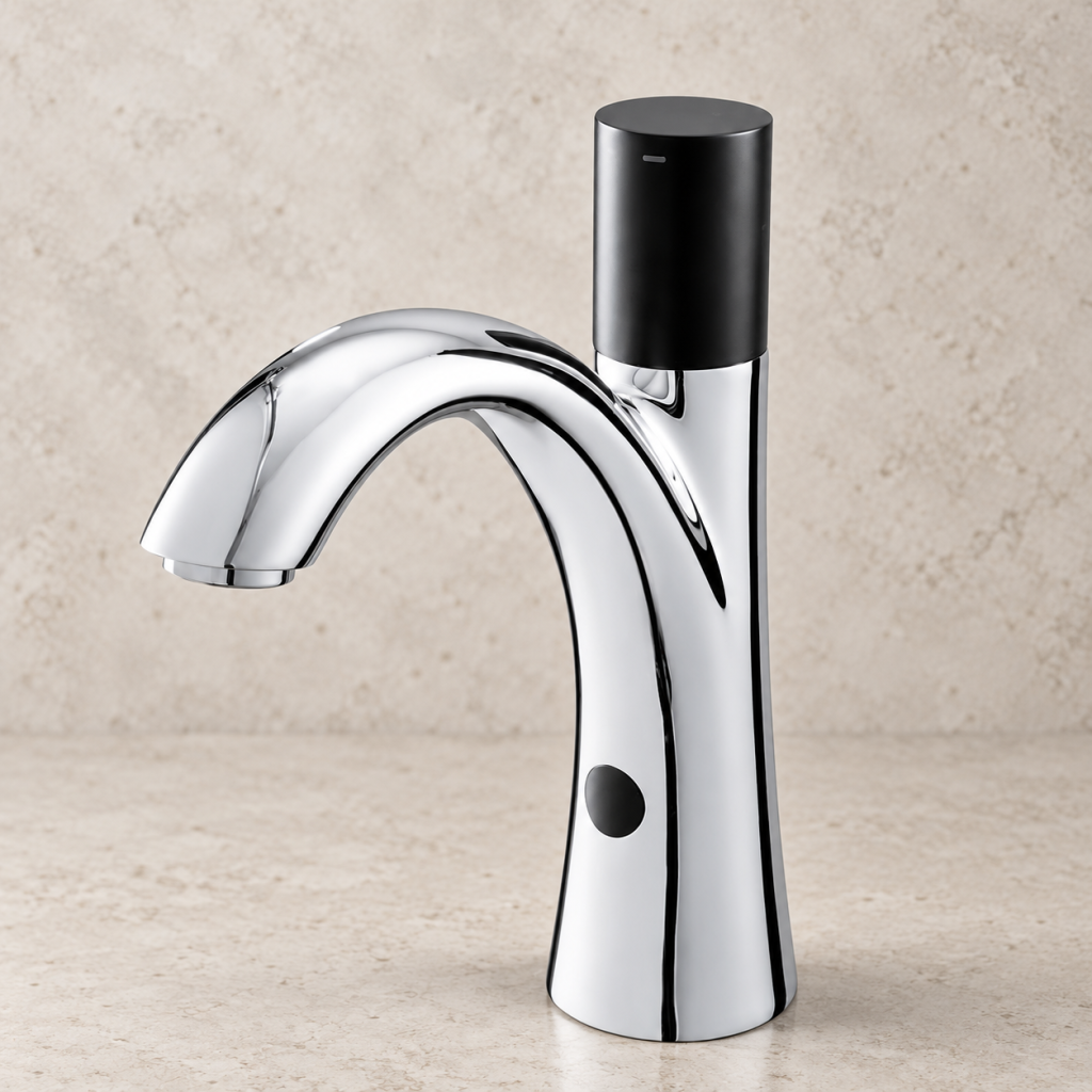Touchless hot-and-cold basin faucet with chrome and black finish