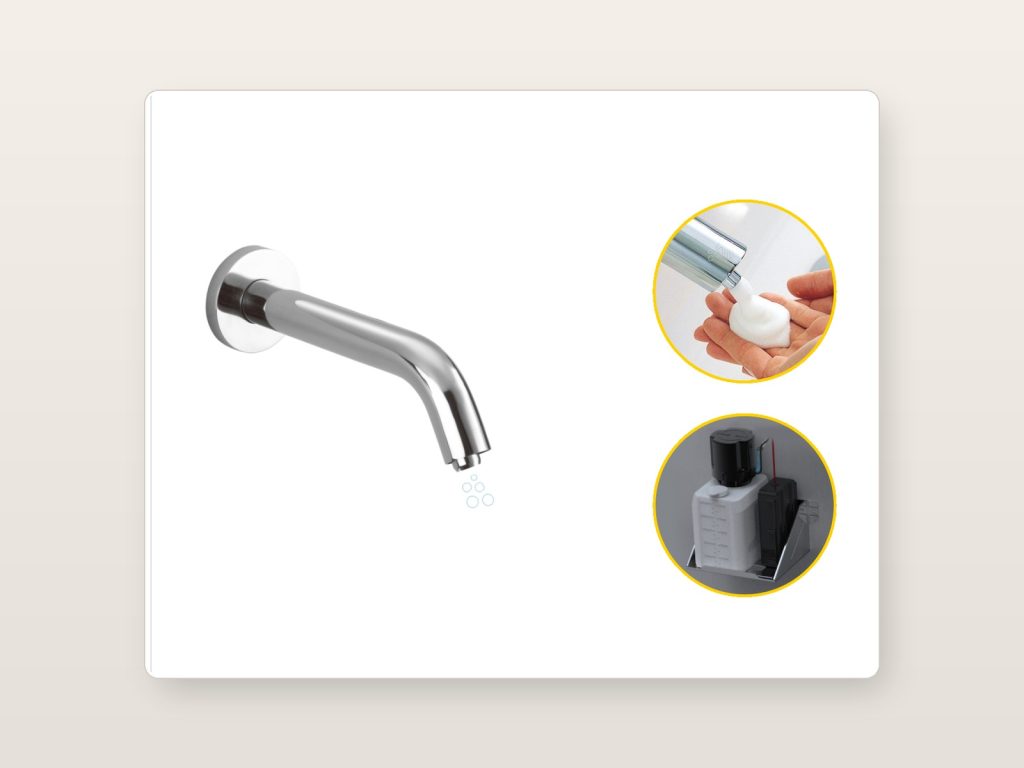 Chrome wall-mounted touchless foam soap dispenser spout and concealed pump system