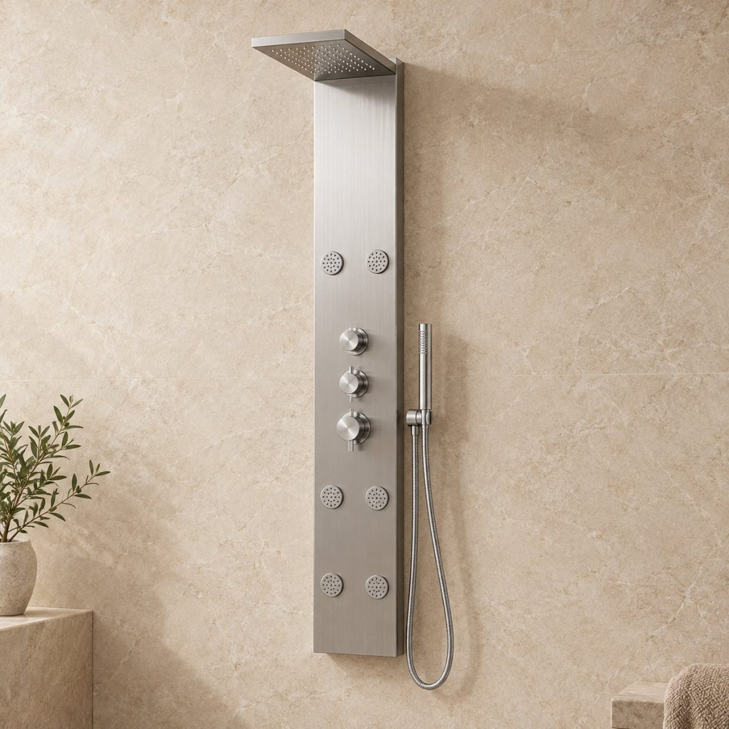 Brushed stainless steel wall-mounted shower panel with rainfall outlet, body jets and hand shower