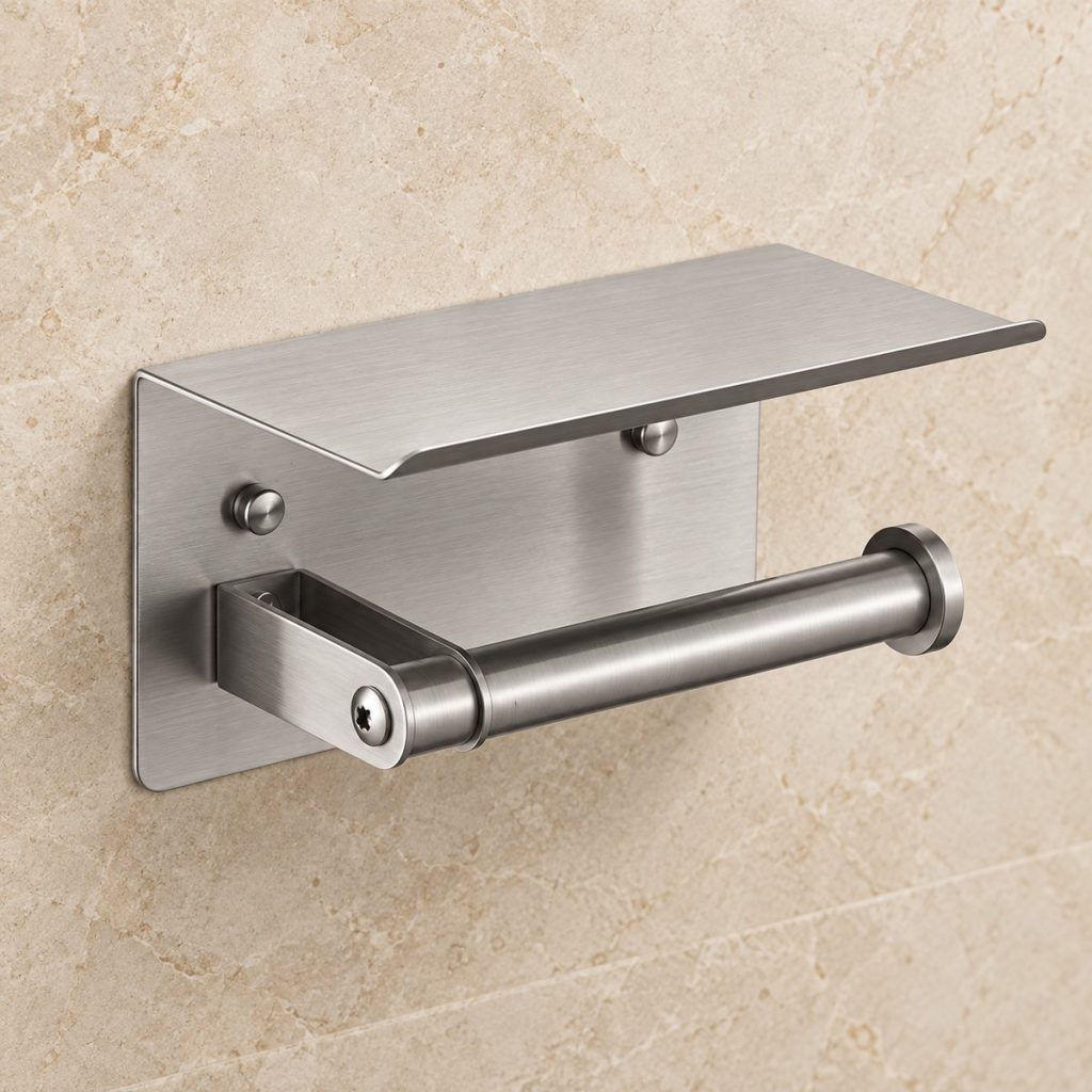 Brushed SUS304 wall-mounted toilet paper holder with integrated top shelf