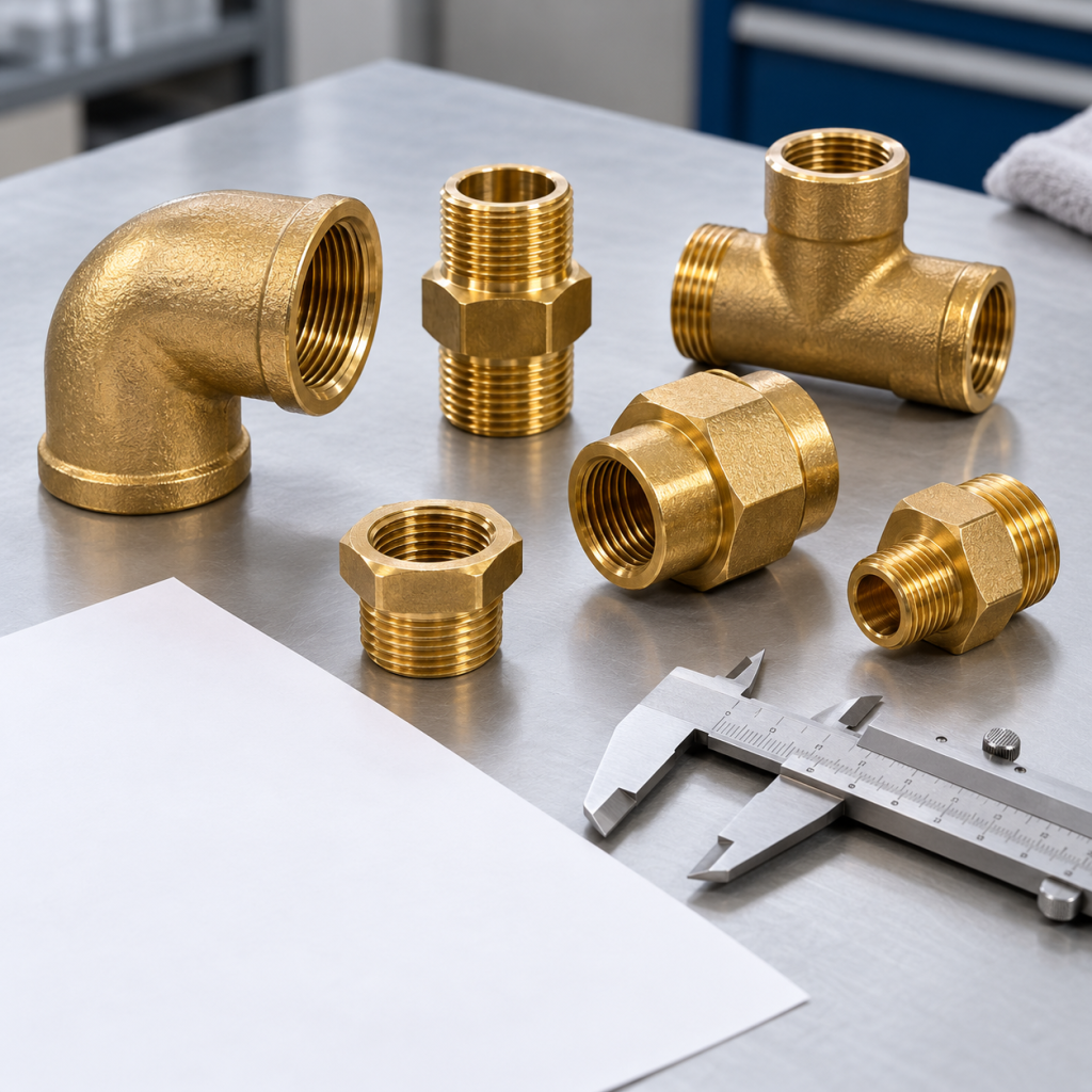 Brass threaded fittings and caliper prepared for inspection