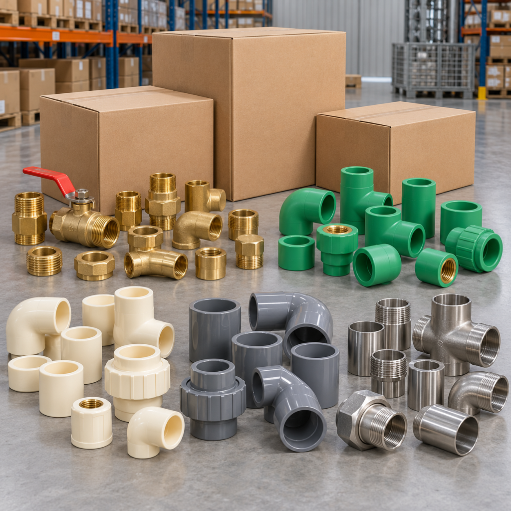 Mixed brass, PPR, CPVC, PVC-U and stainless fitting samples