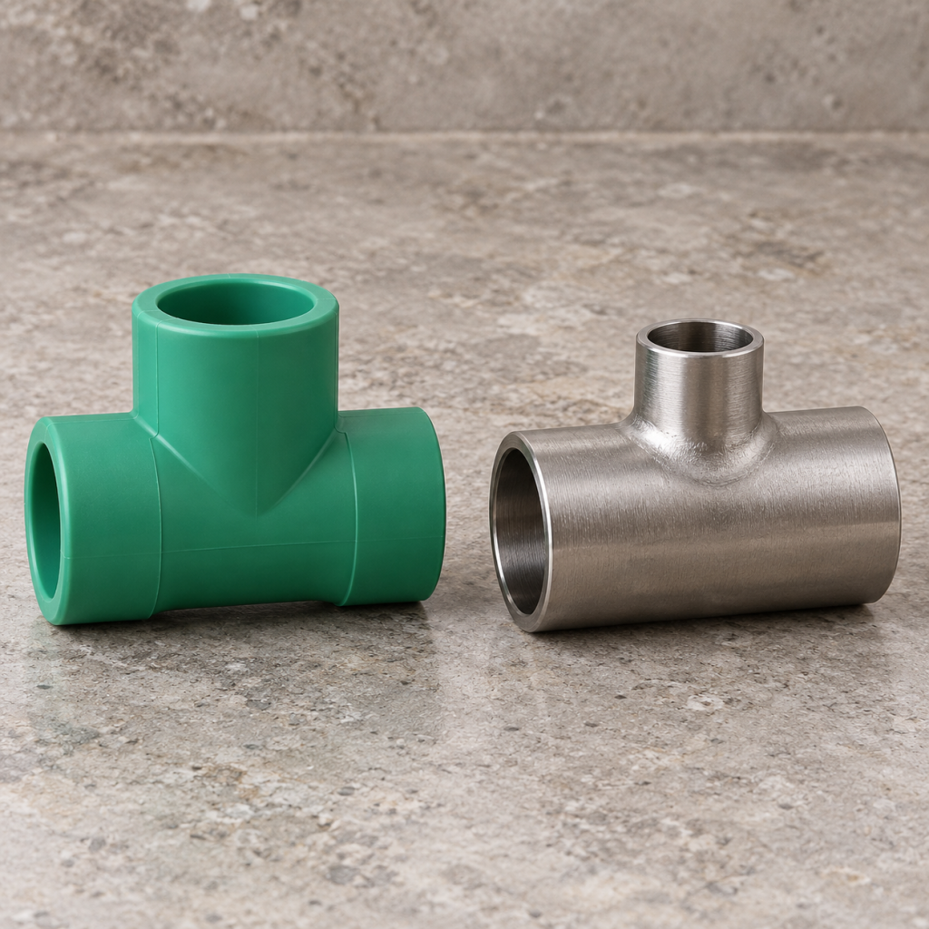 PPR equal tee and stainless reducing tee displayed separately