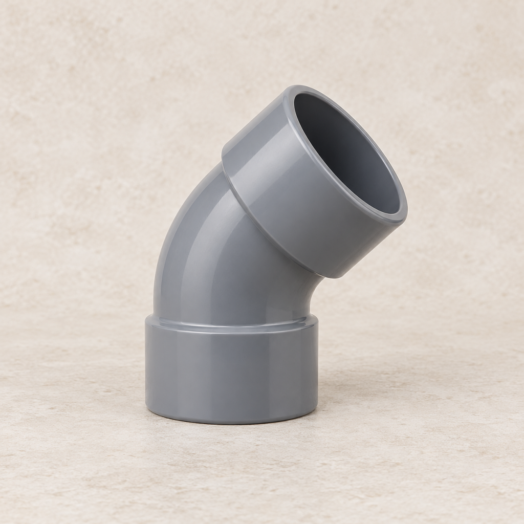 Illustrative grey PVC-U 45-degree double-socket elbow